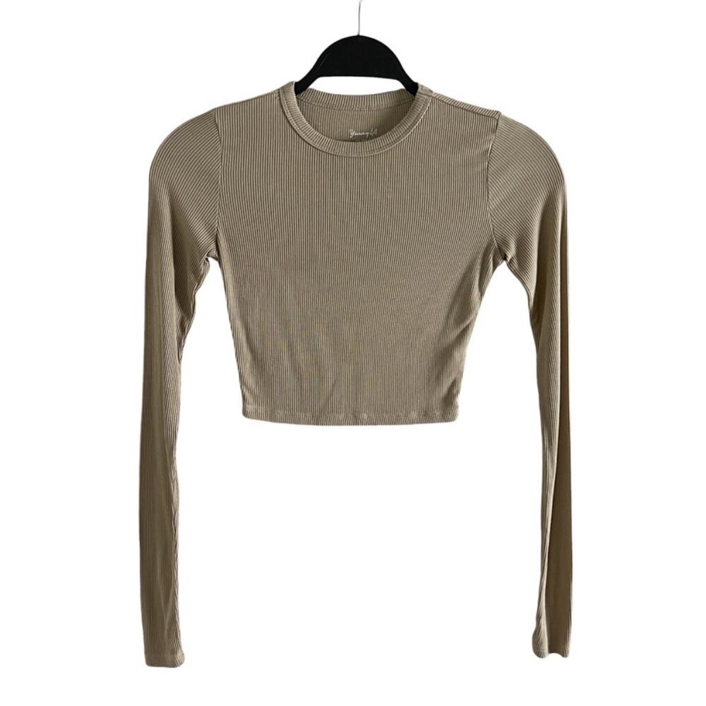 youngla beige ribbed long sleeve crop top